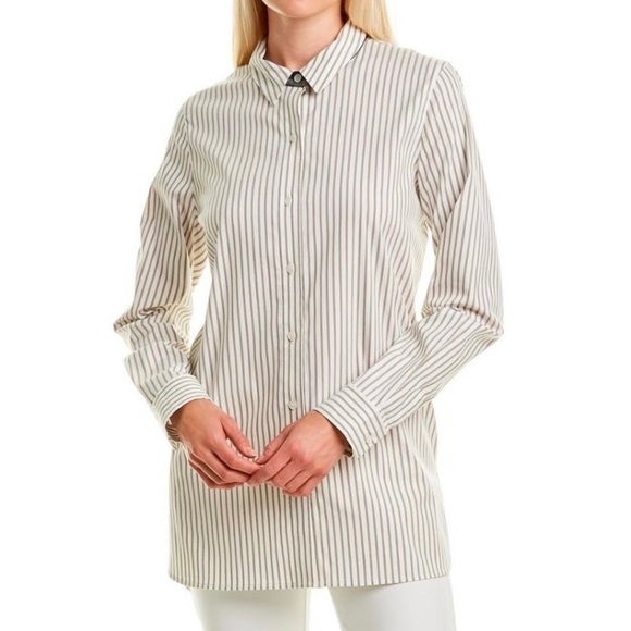Lafayette 148 Helen‎ Striped Cotton Button Down Blouse Burgundy White S - Picture 1 of 11
